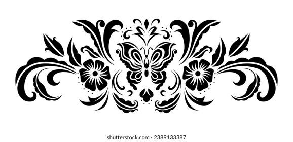Vintage symmetrical floral ornament with butterfly and flowers isolated on white background.
