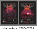 Vintage synthwave or retrowave styled party or music festival or concert flaers or posters design template with retro neon city and sport car on dark background. Vector illustration