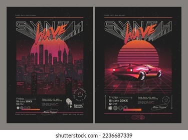 Vintage synthwave or retrowave styled party or music festival or concert flaers or posters design template with retro neon city and sport car on dark background. Vector illustration svg