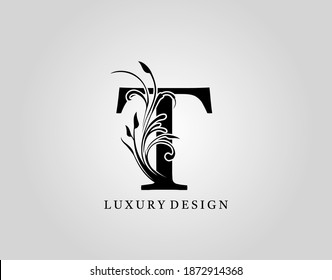 Vintage T Letter Floral Design. Classic Monogram Alphabetical Icon for book design, brand name, stamp, Restaurant, Boutique, Notary, Hotel.  