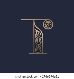 Vintage T letter logo with premium decoration. Classic line serif font. Vector icon perfect to use in any alcohol labels, glamour posters, luxury identity, etc.