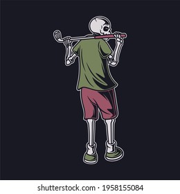 vintage t shirt design the back view of the skull carried the golf club over his shoulders golf illustration