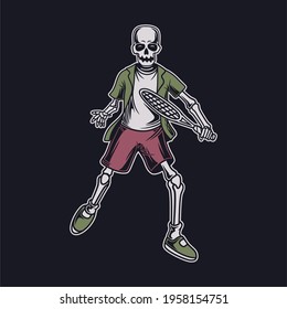 vintage t shirt design front view of skull playing tennis illustration