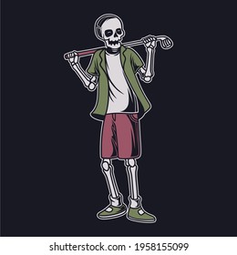 vintage t shirt design the front view of the skull carries a stick on its shoulders golf illustration