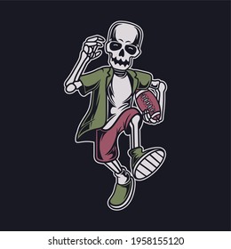 vintage t shirt design front view of a running skull with a ball football illustration