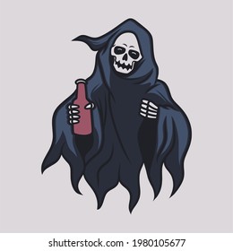 vintage t shirt design grim reaper front view brings a bottle of drink illustration