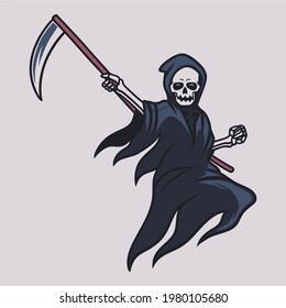 vintage t shirt design grim reaper jump with the position of holding the ax illustration