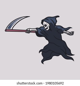 vintage t shirt design grim reaper in a position to direct the ax to the side illustration