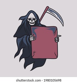 vintage t shirt design grim reaper holding a board in front of him illustration