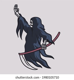 vintage t shirt design grim reaper raised his right hand illustration
