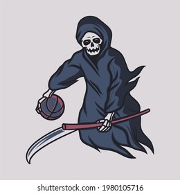 vintage t shirt design grim reaper fly with a basketball illustration