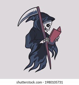vintage t shirt design grim reaper reading a book illustration