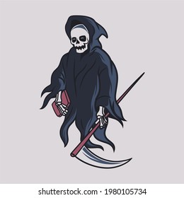 vintage t shirt design grim reaper bring books illustration