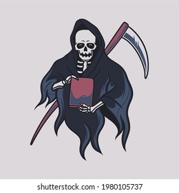 vintage t shirt design grim reaper front view carries the book illustration