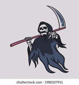 vintage t shirt design grim reaper carrying ax and pointing illustration