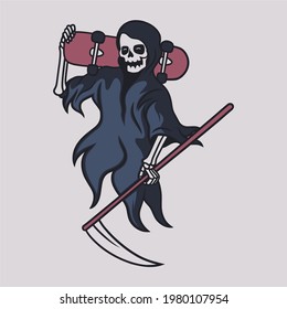 vintage t shirt design grim reaper carrying a skateboard board on his shoulders illustration