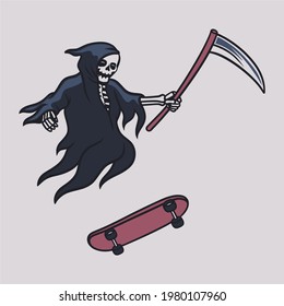 vintage t shirt design grim reaper skateboarding in a flying position illustration