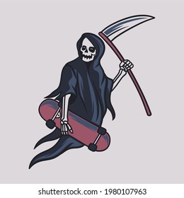 vintage t shirt design grim reaper bring a skateboard on the side illustration