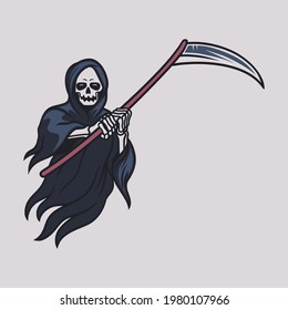 vintage t shirt design grim reaper carrying ax with both hands in front of his chest illustration