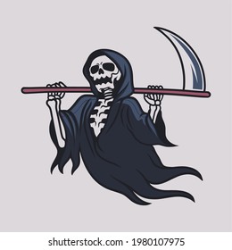 vintage t shirt design grim reaper carrying an ax with both hands on his shoulders illustration