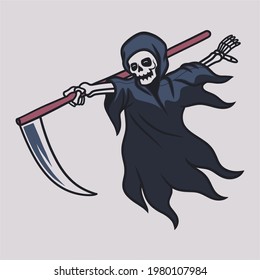 vintage t shirt design grim reaper slide down holding his ax illustration