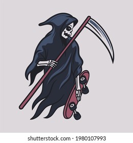 vintage t shirt design grim reaper get ready to skateboard illustration