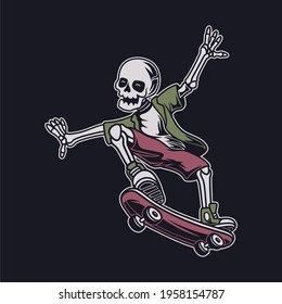 vintage t shirt design side view of the skull in a jumping position skateboard illustration