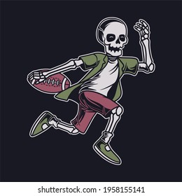vintage t shirt design side view skull running with the ball football illustration