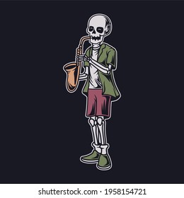vintage t shirt design skull playing trumpet music illustration