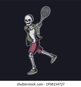 vintage t shirt design the skull hitting the ball with both hands tennis illustration