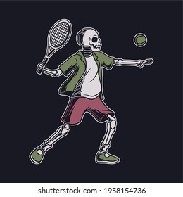 vintage t shirt design skull with the position of hitting the ball from the opponent tennis illustration