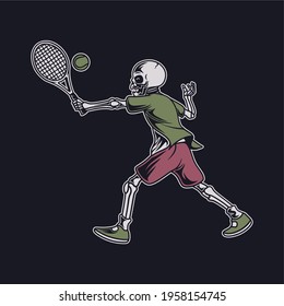 vintage t shirt design the skull chasing the ball with the racket tennis illustration