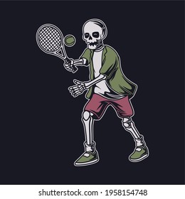 vintage t shirt design skull with ball throwing position tennis illustration