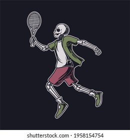 vintage t shirt design the skull in a jumping position with a racket tennis illustration