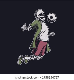 vintage t shirt design skull in a jumping position takes the ball football illustration
