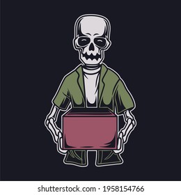 vintage t shirt design skull holding the box with two hands illustration