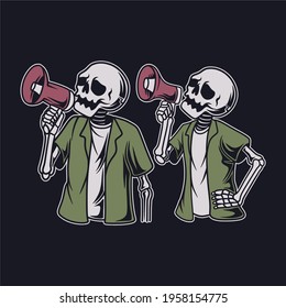 vintage t shirt design skull holding a loudspeaker illustration