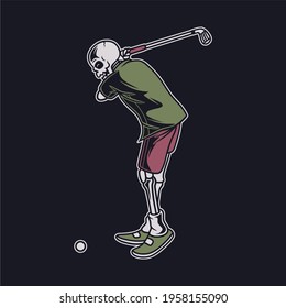 vintage t shirt design skull ready to hit golf illustration