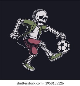 vintage t shirt design the skull kicks the ball in a jumping position football illustration