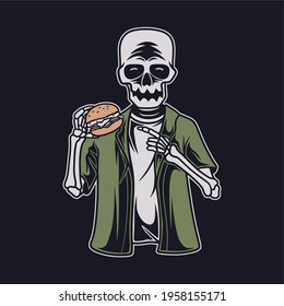 vintage t shirt design skull holding the burger illustration