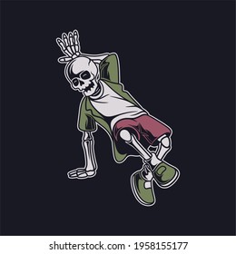 vintage t shirt design skull in gliding pose break dance illustration