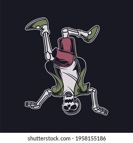 vintage t shirt design skull with the legs up and the head down break dance illustration