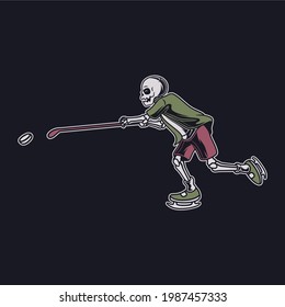 vintage t shirt design the skull catches the ball with its stick in the top ball position hockey illustration