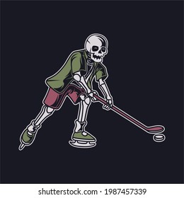 vintage t shirt design skull in a position to dribble quickly hockey illustration