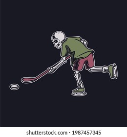 vintage t shirt design skull in a dribbling position and will be ready to hit the ball into the goal hockey illustration