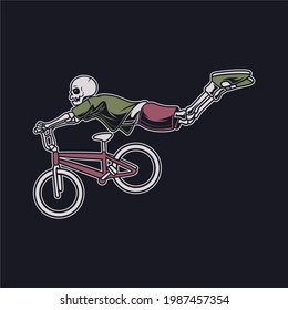 vintage t shirt design a skull with a flying position in a hovering style bicycle illustration
