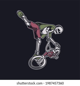 vintage t shirt design a skull in a flying position with the legs on the front wheels bicycle illustration