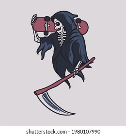 vintage t shirt side view grim reaper carrying skateboard board reaper illustration