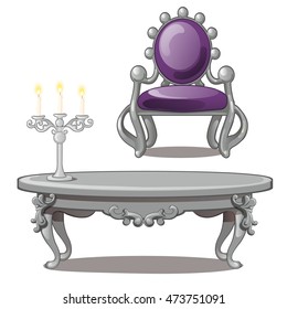 Vintage table with candle and chair isolated on a white background. Vector illustration.
