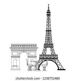 Vintage table and chair on eiffel tower in black and white